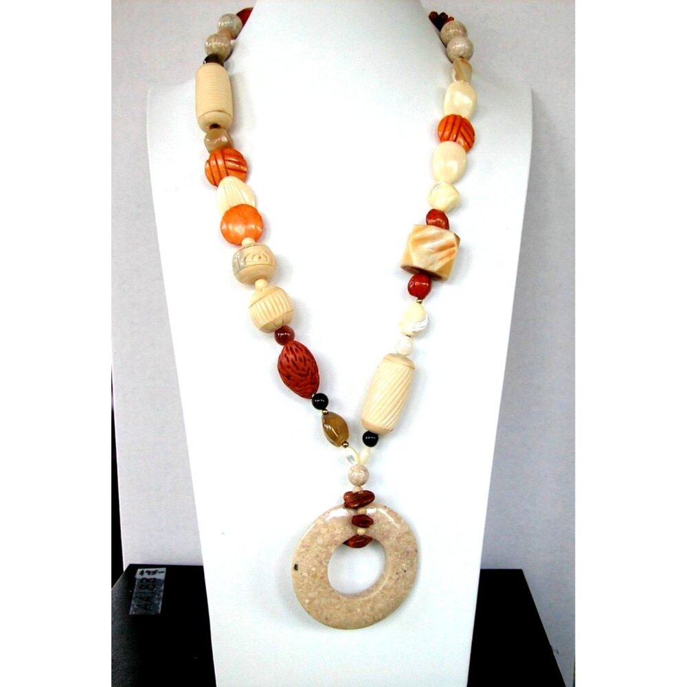 Bohemian Style Long  Stone Beaded Necklace 25" Circular Pendant 2.5"